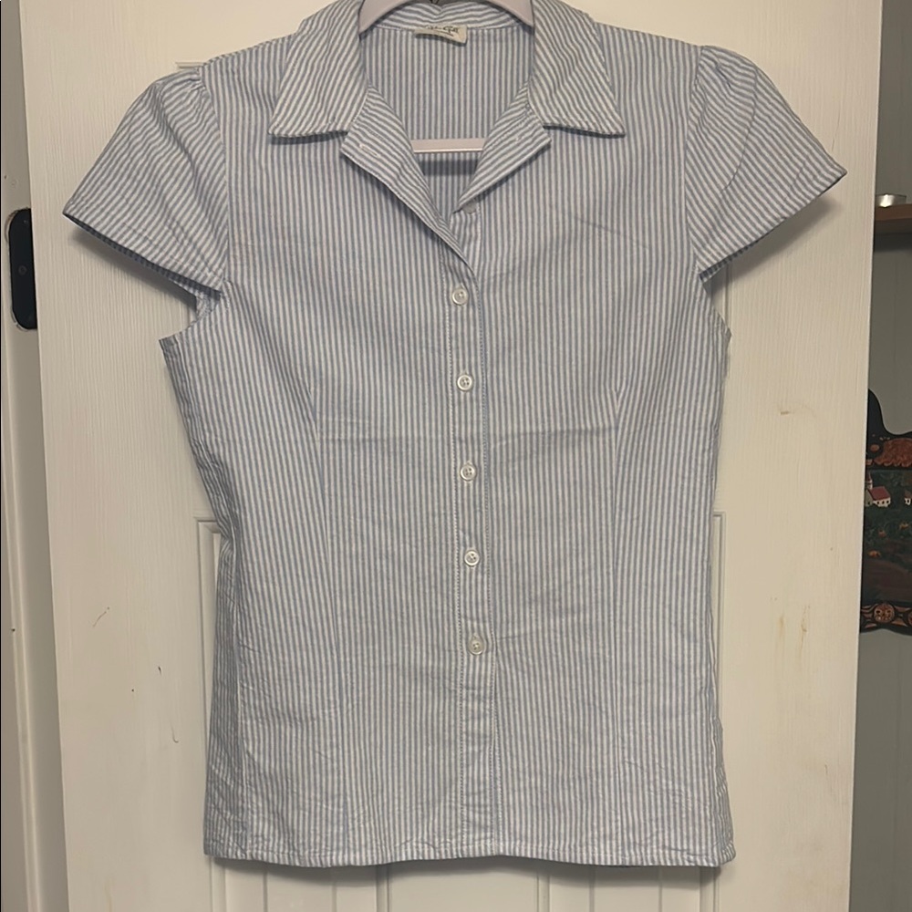 Brandy Melville Light Blue and White Striped Button-Up Blouse